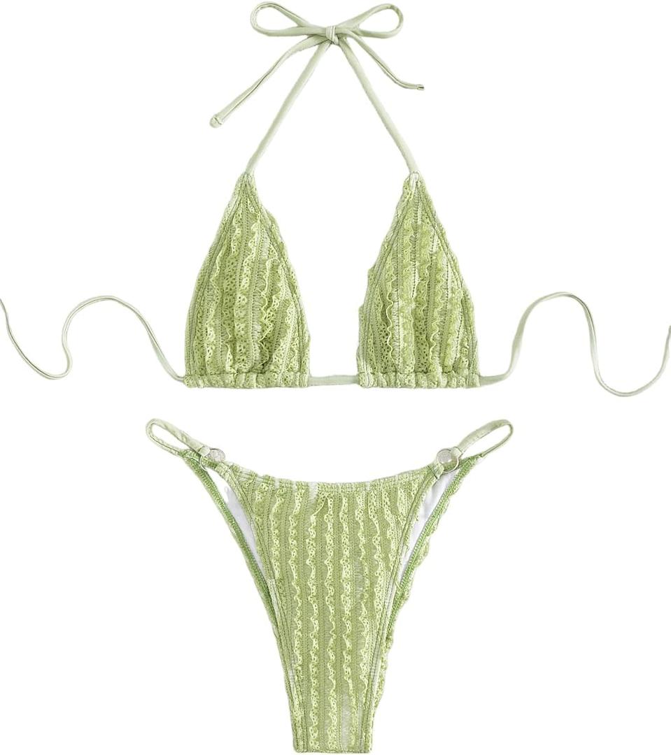 GORGLITTER Women's Lace Bikini Set Striped Bow Two Piece Swimsuit Halter Triangle Top Ring Linked Bathing Suit (Large, Green Frill)