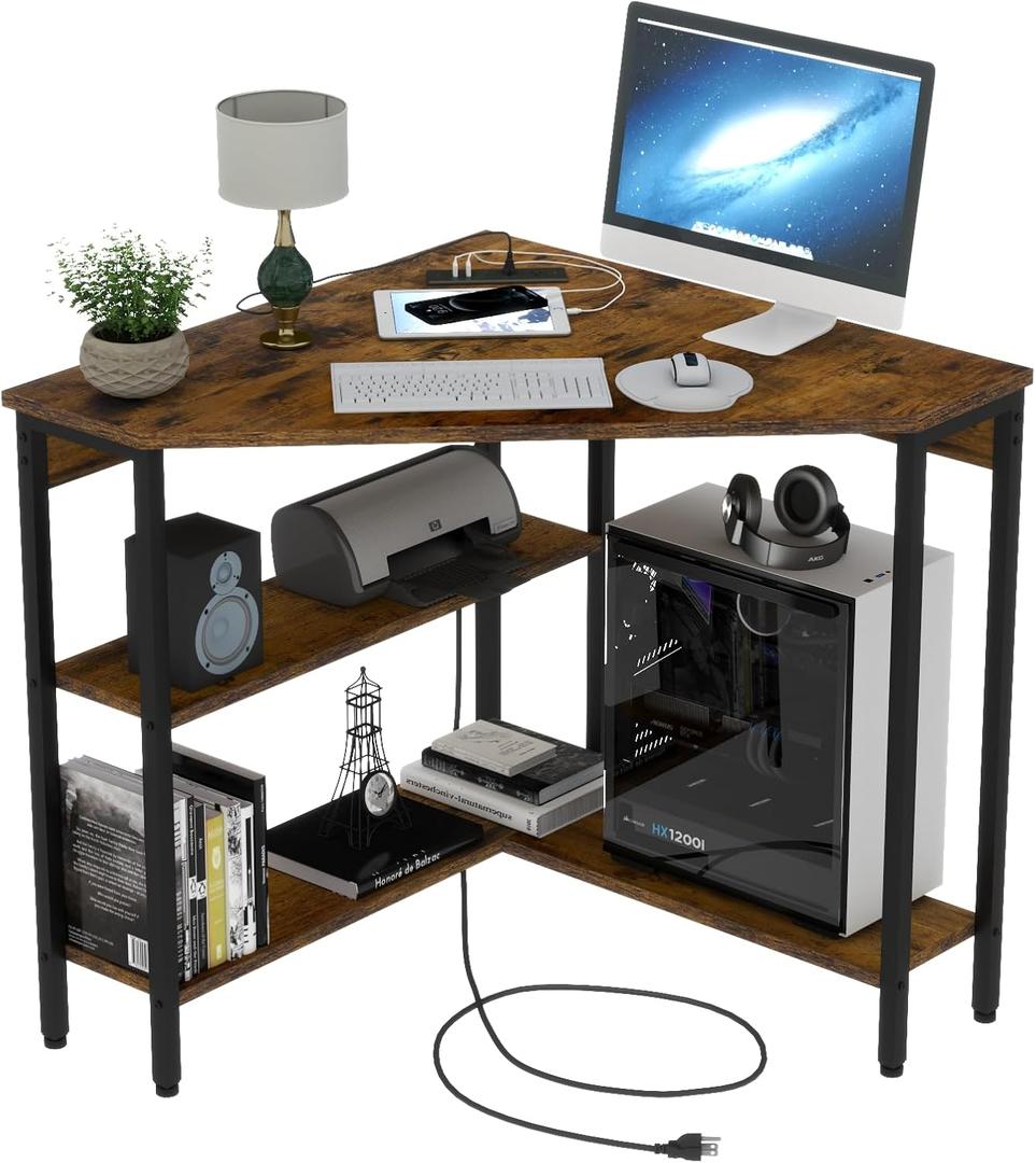 Auromie Corner Desk with Outlets & USB Ports, 90 Degree Triangle Corner Table with CPU Stand & Storage Shelves for Small Space, Computer Table with Charging Station for Home Office Bedroom (Rustic)