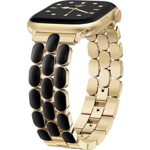Wearlizer Metal Bracelet Compatible with Apple Watch Bands for Women 41/40/38/42/44/45/46/49mm, Dressy Jewelry Enamel Stainless Steel Strap for iWatch Band Ultra SE Series 10/9/8/7/6/5/4/3/2/1 (Gold/Black)