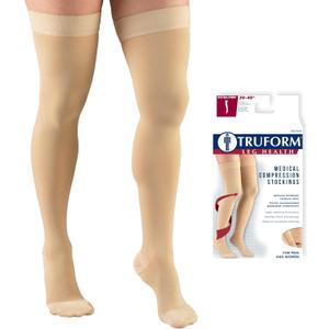 Truform 30-40 mmHg Compression Stockings for Men and Women, Thigh High Length, Dot-Top, Closed Toe, Beige, Large