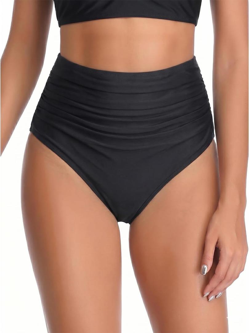 Tempt Me Women High Waisted Bikini Bottom Full Coverage Swimsuit Bottom (Black, L)
