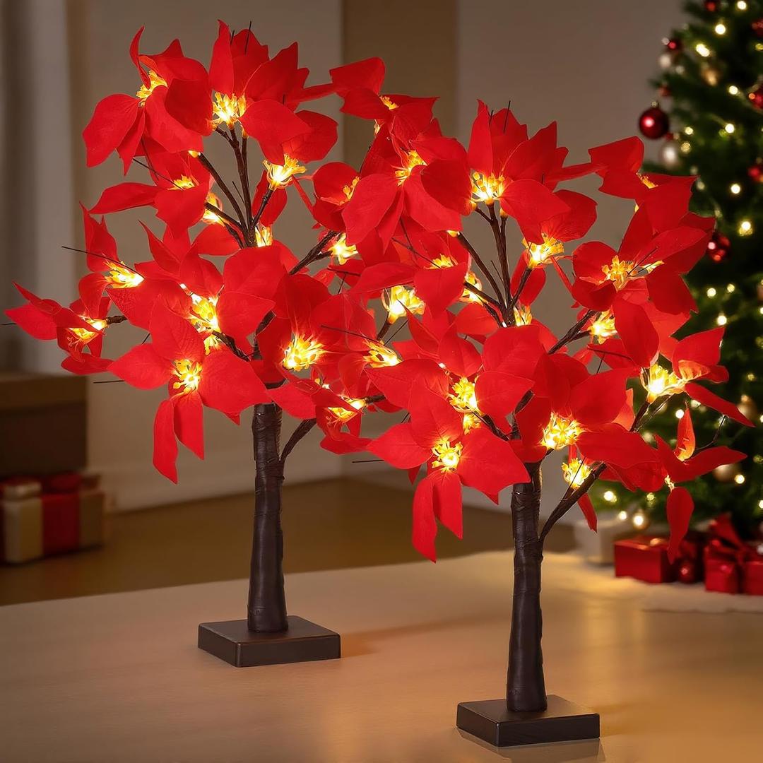 2 Pack Lighted Artificial Poinsettia Tree 23 Inch Battery Operated Tabletop Christmas Tree Winter Fake Poinsettia Decoration with LED Lights for Home Office Christmas Holiday Party Decor
