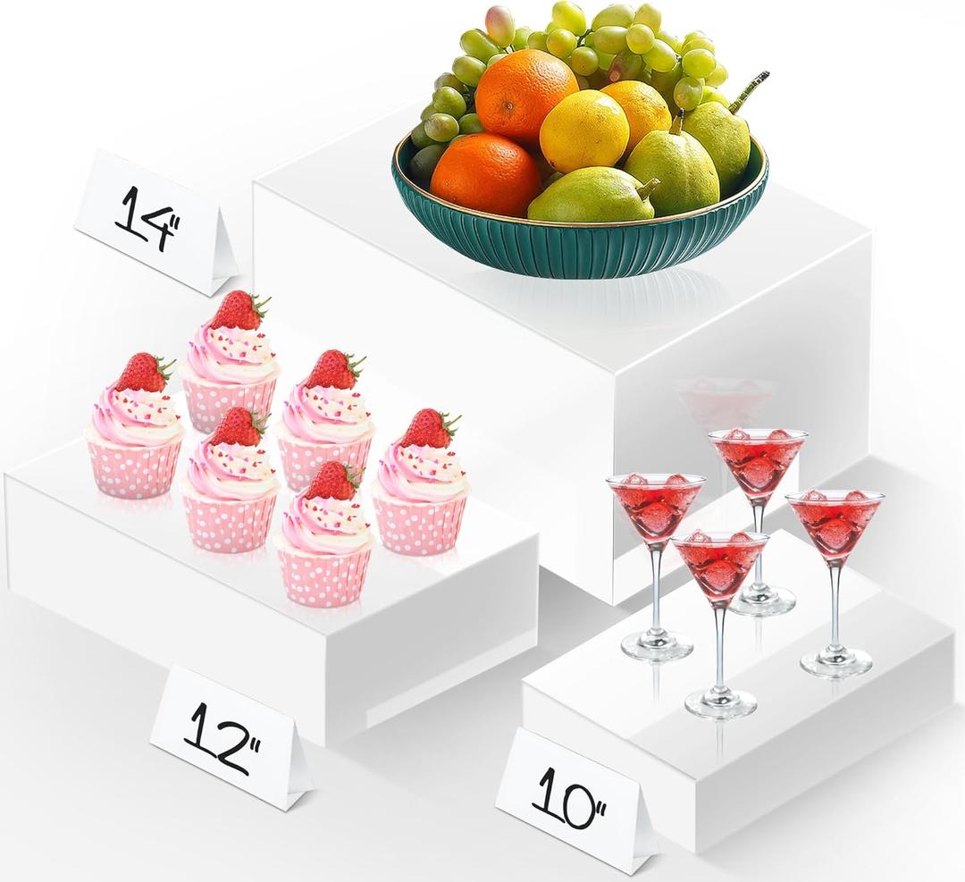 Vynium Extra Large Buffet Risers Set, 10" 12" 14" White Acrylic Food Risers for Buffet Table, Display Stand Shelf with Hollow Bottoms for Catering Dessert Collectibles Jewelry Figures Show (White)