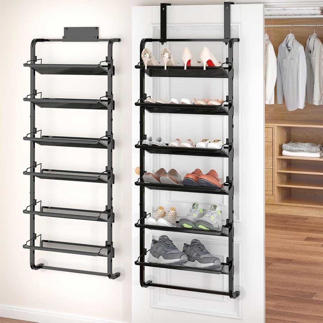 bukfen Over The Door Shoe Organizer, 6-Tier Adjustable Door-Mounted/ Wall-Mounted Shoe Rack, Heavy-Duty Metal Storage for Closet Door, Black, 1 Pack