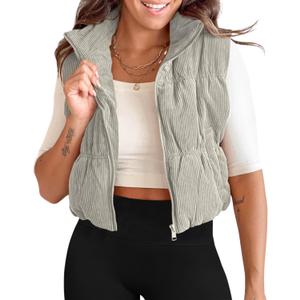 Tankaneo Womens Cropped Puffer Vest Corduroy Lightweight Sleeveless Padded Coat Zip Up Warm Outerwear (Large, Grey)
