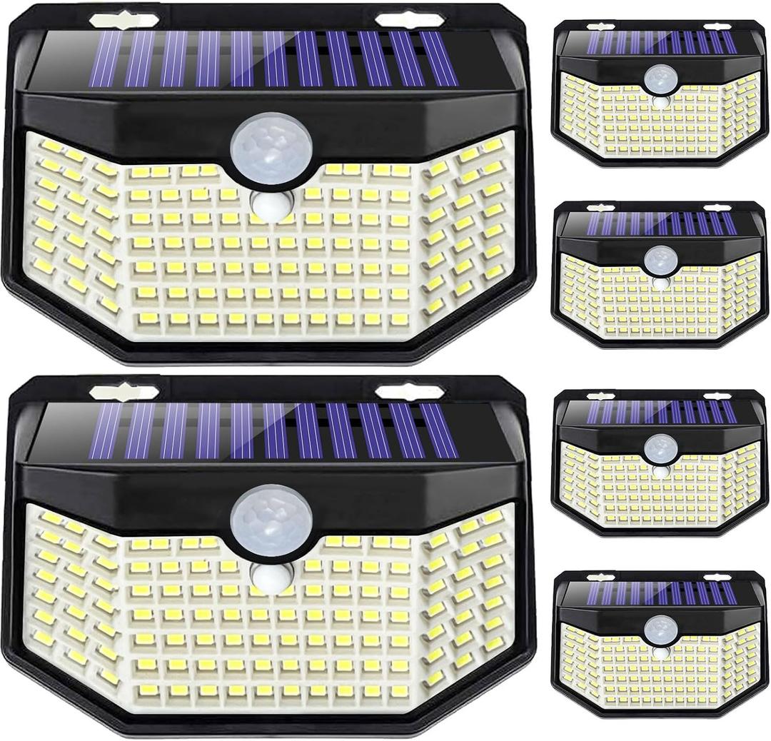 HMCITY 120 LED Outdoor Solar Lights with Motion Sensor and 3 Lighting Modes, IP65 Waterproof Wide Solar Wall Lights Ideal for Garden Patio Yard (Front Button 6Packs, Black Shell-Daylight White)