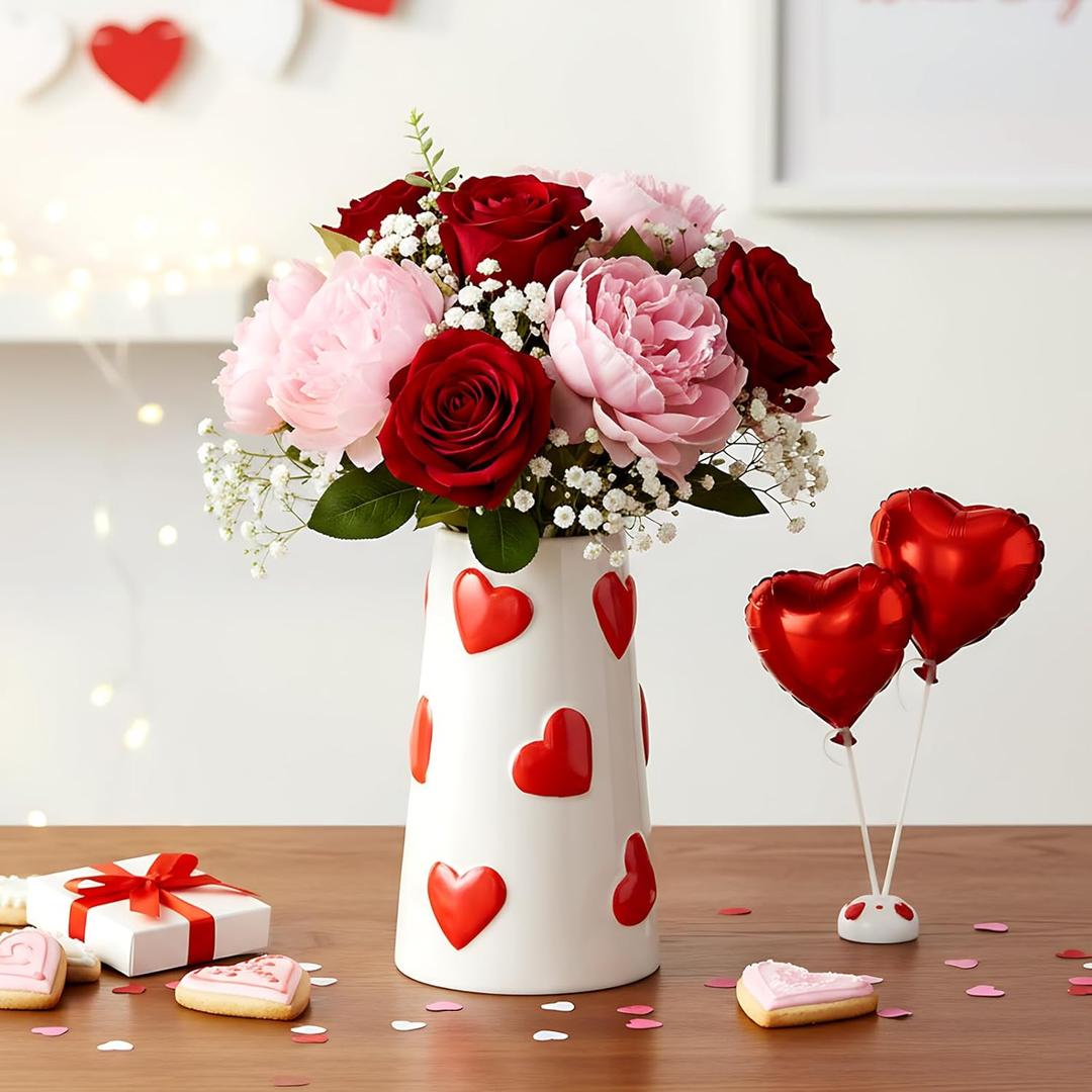 Chunful Valentine Day Centerpiece for Table Embossed Red Heart Ceramic Vase 7.1 in Valentine Decoration for Home Gift for Women Girls Modern Decorative Flower White Vases for Living Room Table Decor