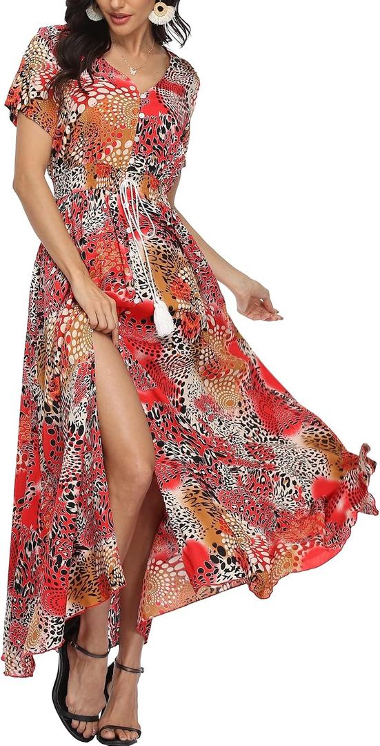 VintageClothing Women Floral Maxi Dresses Boho Button Up Summer Dress (Red, L)