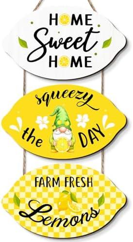 Lemon Kitchen Wall Decor Set of 3, Wooden Hanging Signs with Rope, Farm Fresh Lemon Home Sweet Home Wall Art for Kitchen, Dining Room, Farmhouse Summer Decor