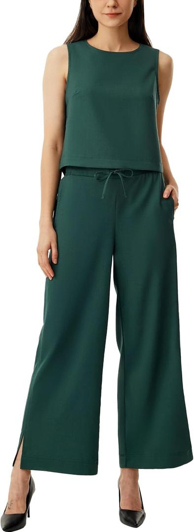 AFITNE Women's Summer 2 Piece Outfits Linen Sleeveless Tank Crop Top Wide Leg Pants Lounge Matching Sets (Blue, XXL)