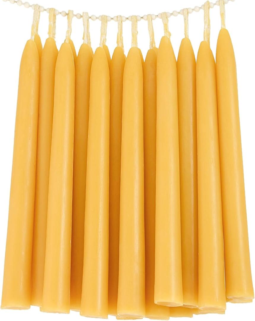24 Pack Beeswax Taper Candles in Bulk 8 inch Tall - All Natural, 100% Pure Unscented Bee Wax Candle, Dripless, 5 Hours Burnning Time -Yellow