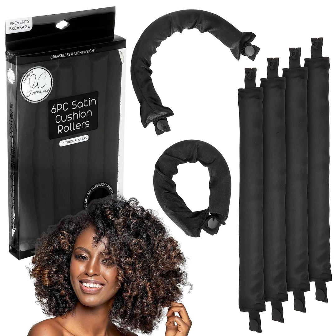 Jenny Capp 6pc Satin Cushion Hair Rollers 1" Thick - Super Soft Accessories for Women, Promote Healthy Curls & Prevent Breakage for Natural Hair