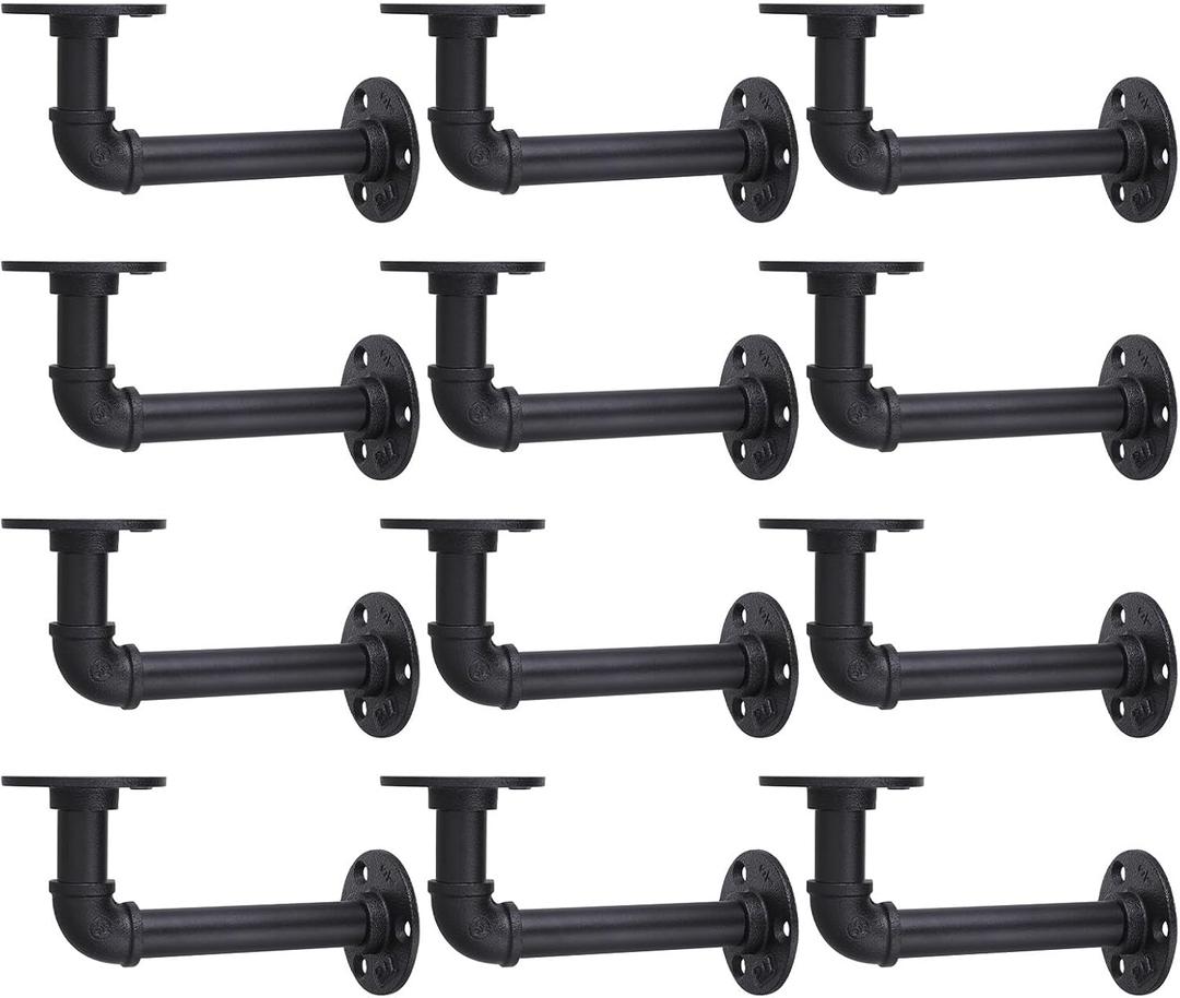 MUZIK Shelf Brackets, 12 Pack Industrial Pipe Floating Shelf Bracket, Heavy Duty Wall Mount Shelf Brackets & Supports, Vintage Black Iron Finish DIY Pipe Brackets for Shelves (7*4 Inch)