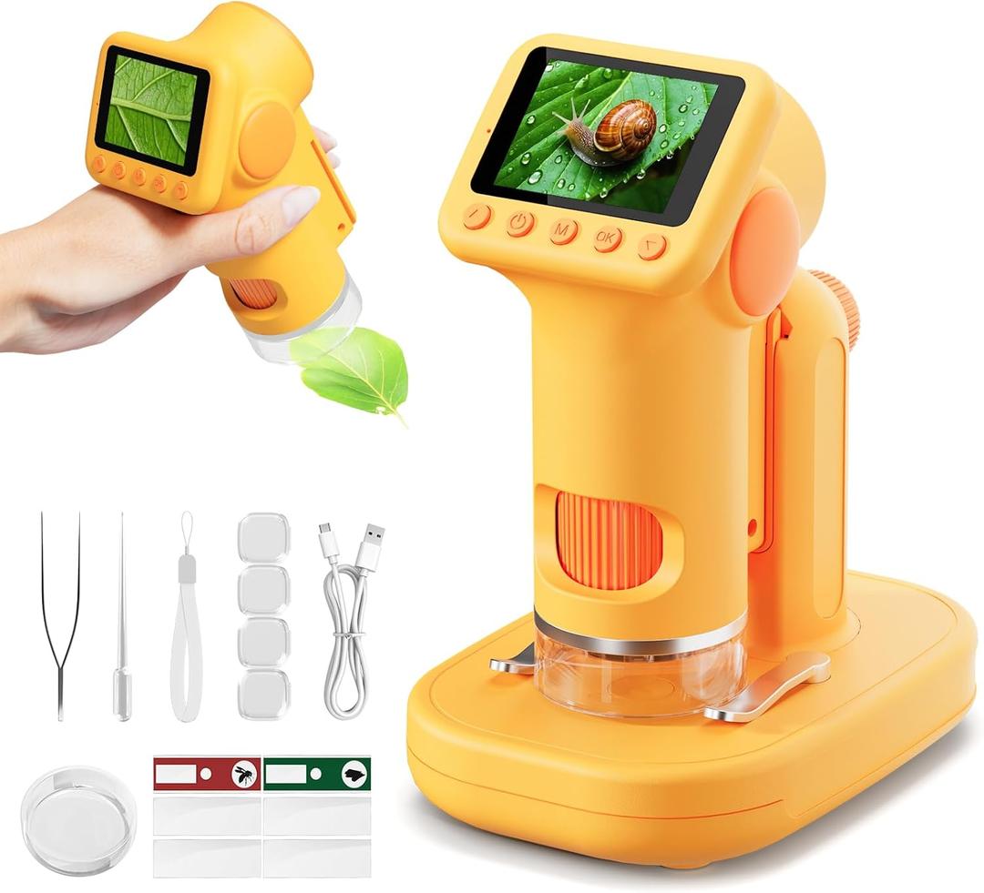 1600X Microscope for Kids, 4K 2.0" Screen Kids Microscopes with Slides Kit Microscope for Toddlers Christmas Birthday Gifts Toys for 3-14 Year Old Children Students (Yelllow)