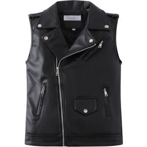 Kids Faux Leather Vest | Sleeveless Motorcycle Jacket with Zipper Pockets Coat for Boys Girls Ages 3-12 (5-6 Years, Black)