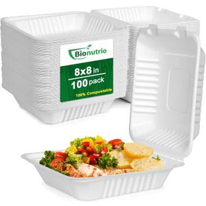 To Go Food Containers Disposable, Compostable Clamshell Containers 8x8, To Go Boxes For Food 100 Pack, Biodegradable Sugarcane Take Out Containers, Disposable Food Containers With White Bagasse