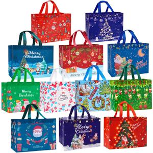 Heetobcos 12 Pack Christmas Gift Bags Large Reusable Tote Bags, Non-Wove Bags for New Year's Shopping, Christmas Surprise, Xmas Party Supplies,12.8"9.8"6.7"