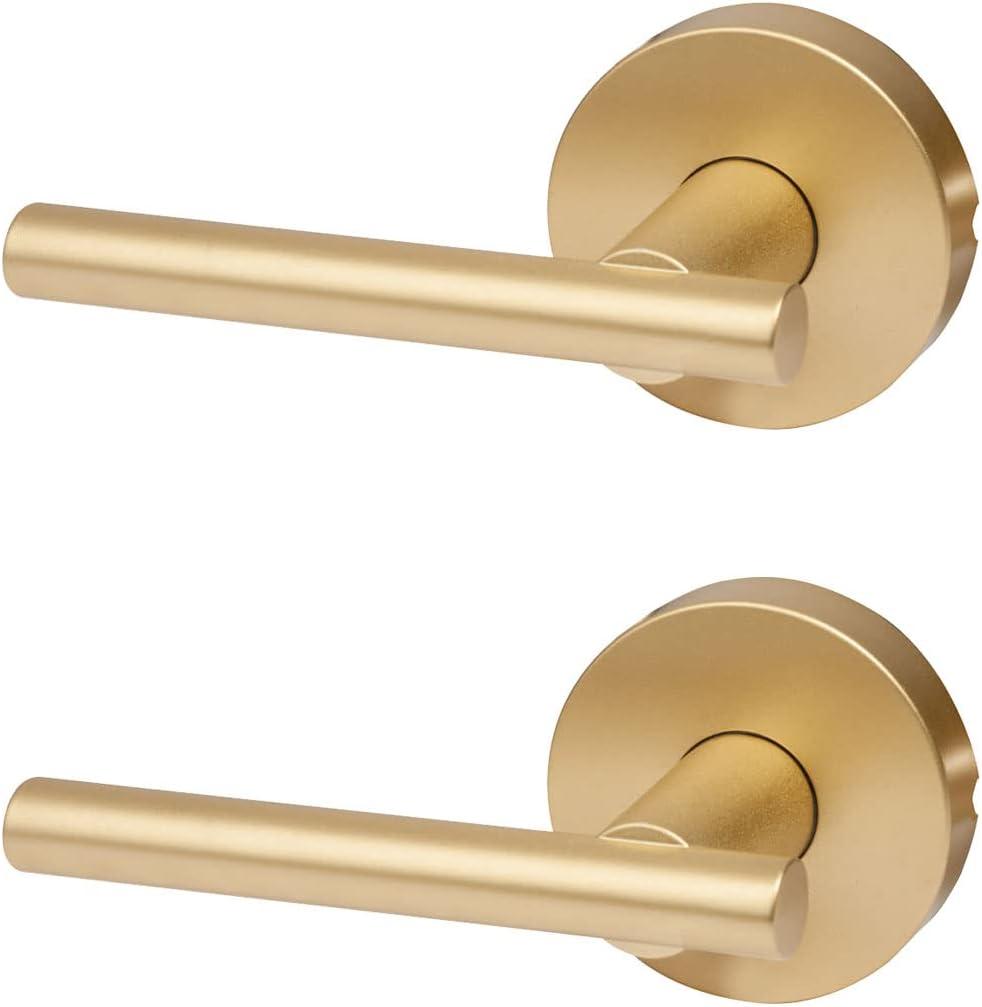 Designers Impressions Kain Design Satin Brass Dummy Non Turning Euro Door Lever Hardware for Closet Doors (Non- Functioning), 2 Pack