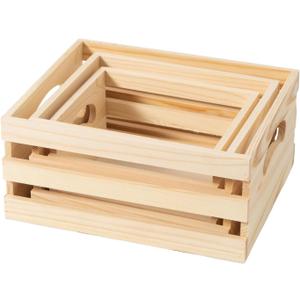 Set of 3 Rustic Wooden Nesting Crates with Handles, Decorative Wood Crates, Crate Box Wooden Storage Box for Kitchen, Office, Bedroom, Closet, Rustic Country Decor