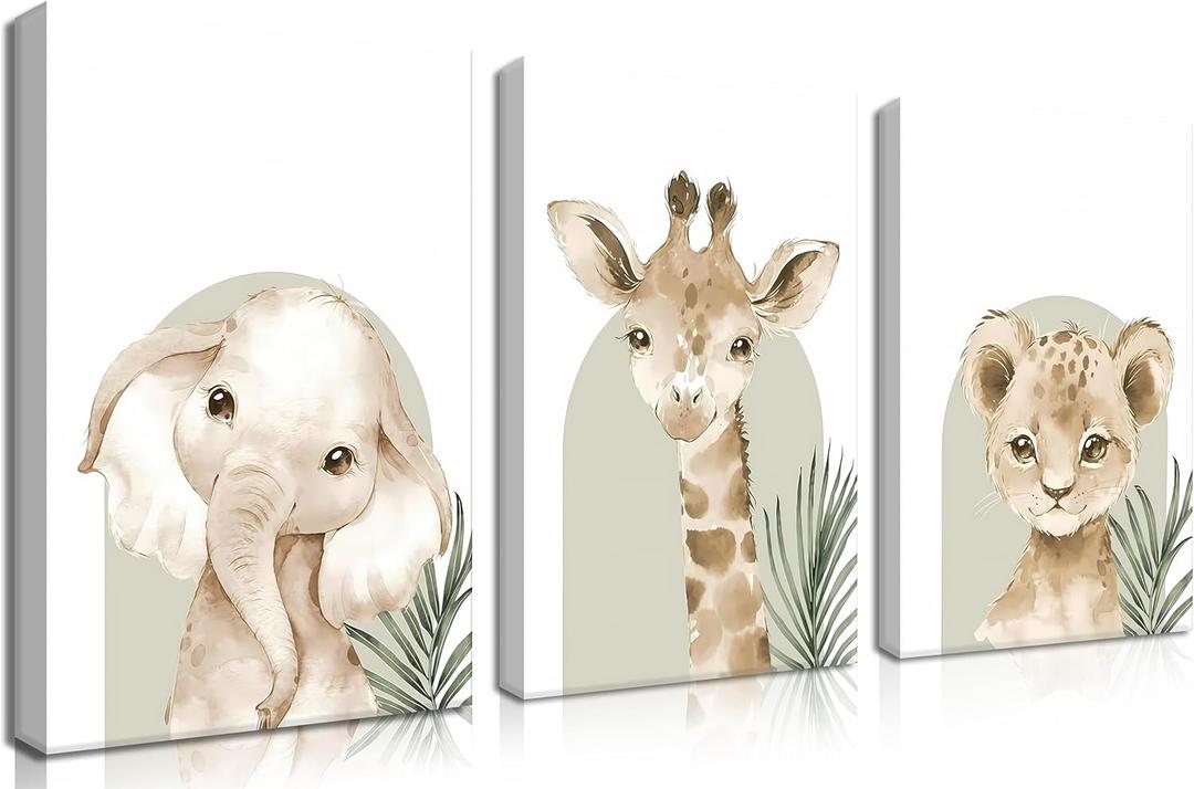 Nursery Wall Decor Set of 3, Cute Animal Lion Elephant Baby Pictures Poster Prints, Giraffe Jungle Canvas Wall Art Woodland Nursery Decor for Boys Girls Room Decoration 16x24 inch Framed (24L" x 16W", Wild Animal Portrait)