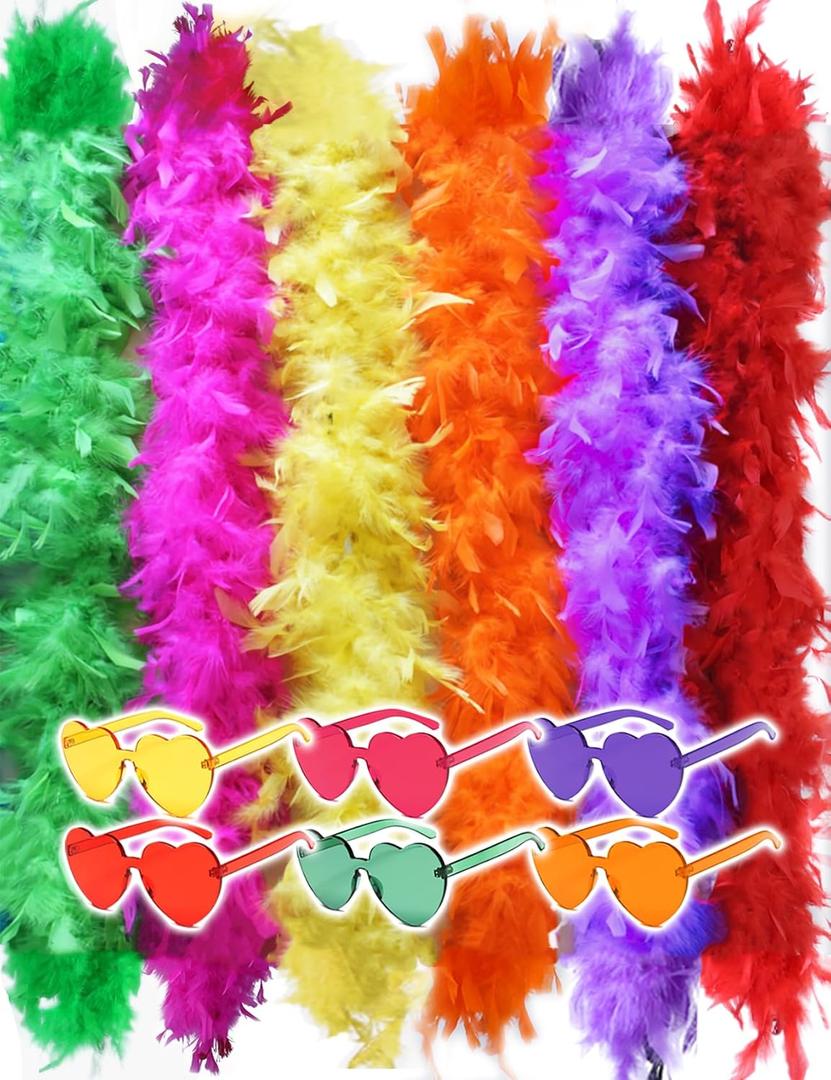 JICASTO Colorful Feather Boas 6 Packs, 6.6ft Turkey Boas for Women for Bachelor Party Halloween,with Heart Sunglasses