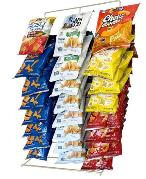 Clip Strip Snack Rack Countertop Display Stand, Metal, 3 Rows, 45 Clips, Off-White, holds Potato Chips Bags, Candy at Retail, Deli, Cafe, Convenience Stores, Product Merchandising Corp.,1 Pack