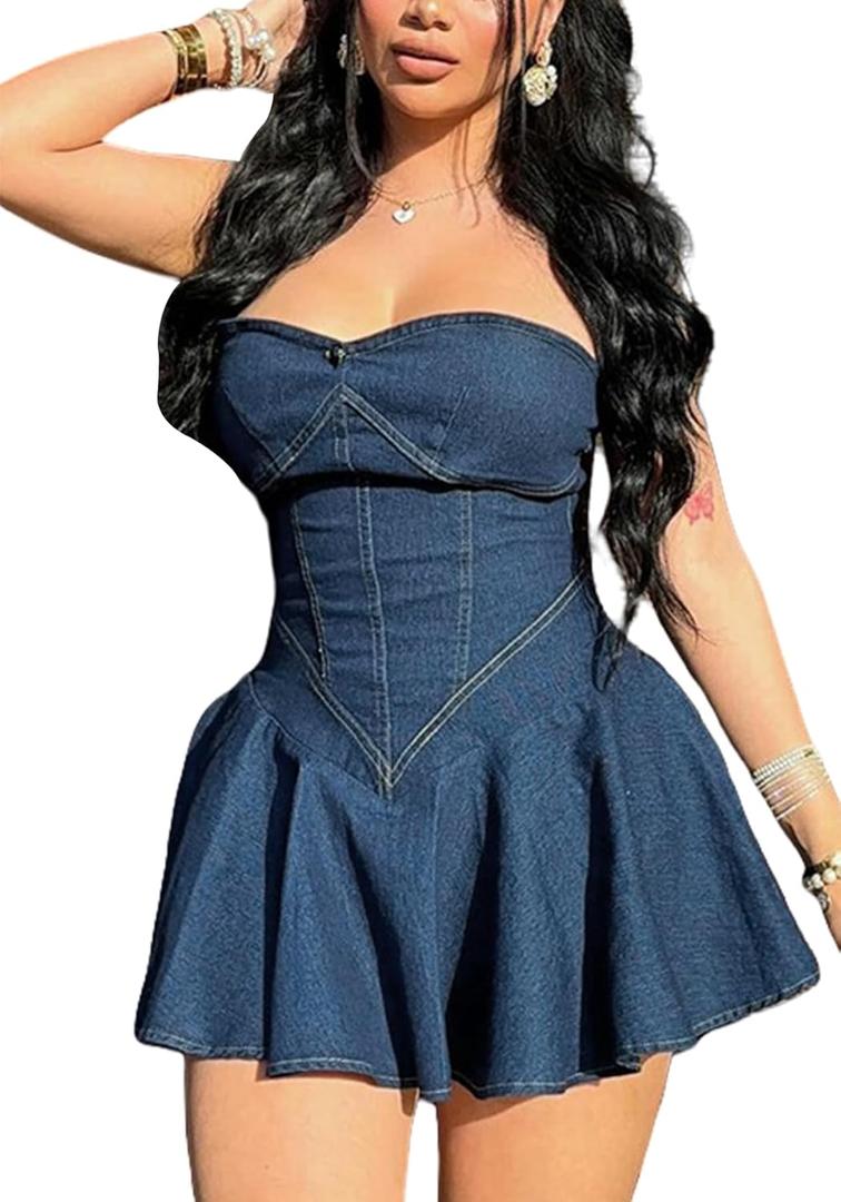 Women's Strapless Denim Dress Sexy Off Shoulder Corset Tube Pleated A Line Summer Mini Jean Dresses Clubwear 2XL