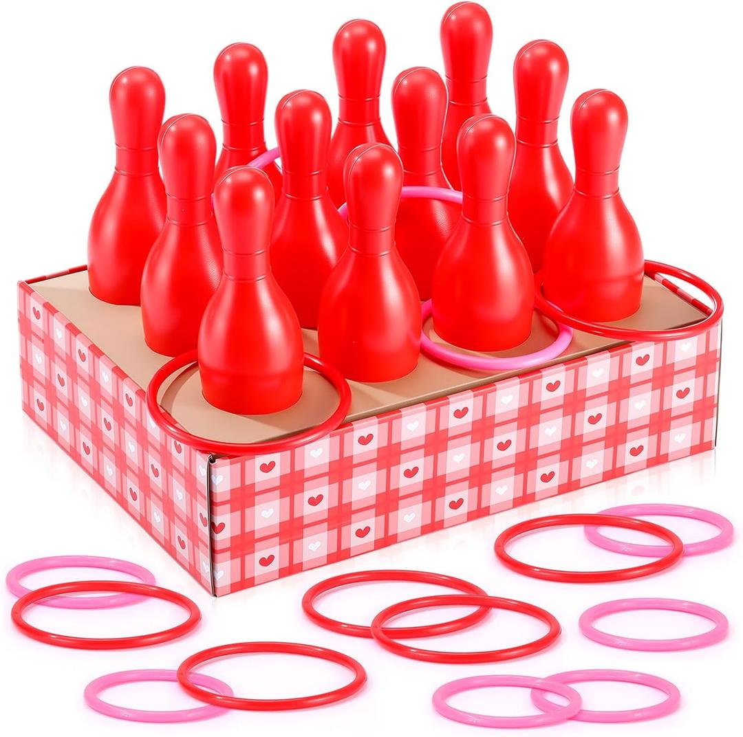 Leitee 33 Pcs Valentine Bottle Toss Game Bowling Set Red White Heart Box 12 Plastic Bowling Pins 20 Throw Toss Ring for Valentine's Day Party Backyard Outdoor Indoor Yard Activity Carnival Game