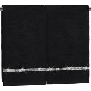 Hahafelt 2 Pcs Black Sparkling Hand Towels with Rhinestones for Bathroom 100% Cotton Glitter Soft Elegant Hand Bath Towels Absorbent Machine Washable for Spa Yoga Hotel Sport, 29.5" x 13.8"