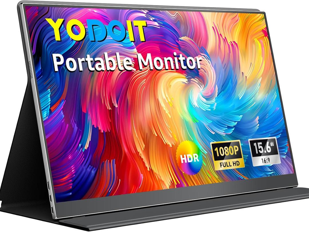 Yodoit Portable Monitor 15.6" 19201080 FHD IPS Travel Screen Display with USB-C Plug & Play, Built-in Speakers Smart Cover for MacBook PC Xbox, Extended Display for Remote Workers (Black)