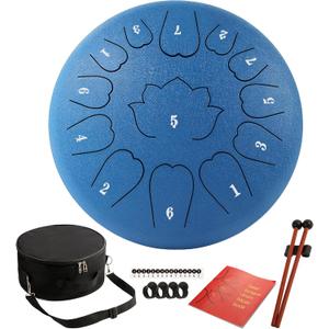 Steel Tongue Drum - 12-Inch 13-Notes Tongue Drum, C Major Outdoor Rain Drum With Tote Bag, Music Book, and Hand-Held Drumsticks (Blue)