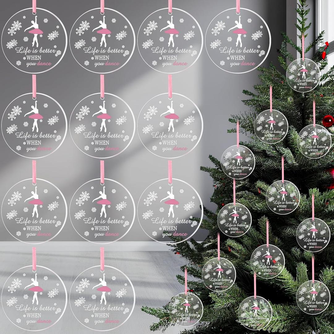 Thyle 24 Pcs Ballerina Christmas Ornament Pink Dancer Ornaments with Ropes Dance Team Gifts Bulk Life is Better When You Dance Decor Party Favor for Xmas Tree Holiday Party Decoration