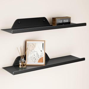 Floating Shelves for Wall, Wall Shelves, Off Center Metal Shelves for Living Room, 20 Modern Black Hanging for Decor Bedroom Bathroom Kitchen Plants (2 PCS)