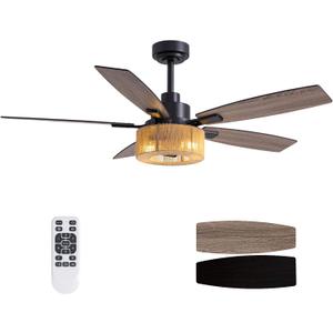 52 Inch Boho Black Hemp Ceiling Fans with Lights and Remote Control, Farmhouse Caged Rattan Ceiling Fan for Dining Room, Bedroom, Living Room and Patio, Indoor/Outdoor (Memoir)