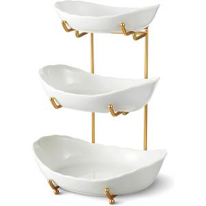 Ceramic Fruit Bowl for Kitchen Counter - 3 Tier Fruit Basket with Metal Stand, Tiered Fruit Stand for Countertop, Snack, Nuts, Cake, Dessert, Cute (Gold, Small) 1
