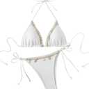 Women's 2 Piece Swimsuit Shell Decor Halter Triangle Bikini Set Tie Side String Thong Bathing Suit, X-Small (White)