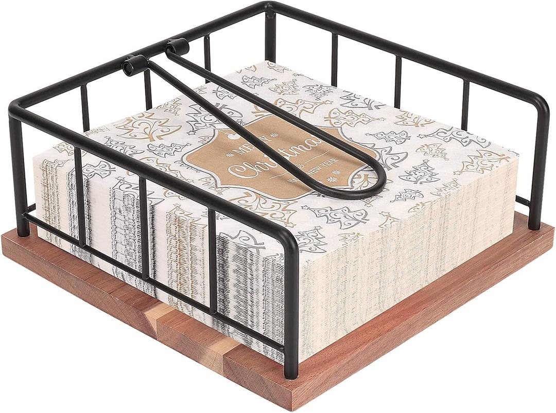 Livabber Flat Napkin Holder, Metal Kitchen Napkin Storage with Weighted Tension Arm Rustic Tissue Paper Dispenser for Countertop, Table Kitchen, Dining Room (With Wooden Base, Black)