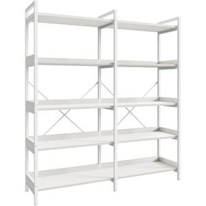 Huuger 5 Tier Bookshelf, Display Bookshelf with 10 Open Shelves and Raised Baffle, 47.2 Inch Straight Wide Bookcase with Metal Frame and Wooden Board, Adjustable Feet, White