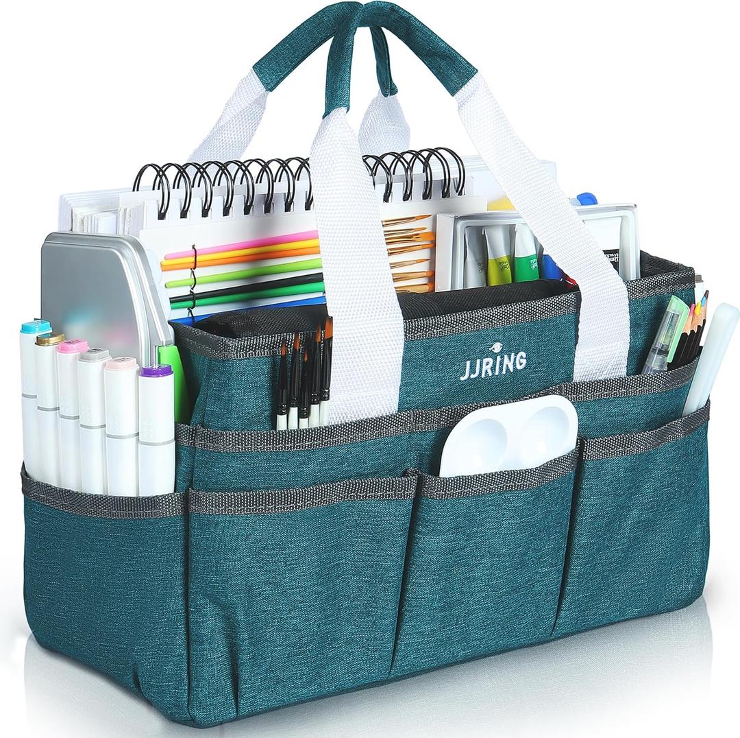 JJRING Craft Organizer Tote Bag for Art Storage, Caddy with Multiple Pockets, Bluish Green Sewing Bag for Scrapbooking, School, Medical, and Office Supplies (Small)