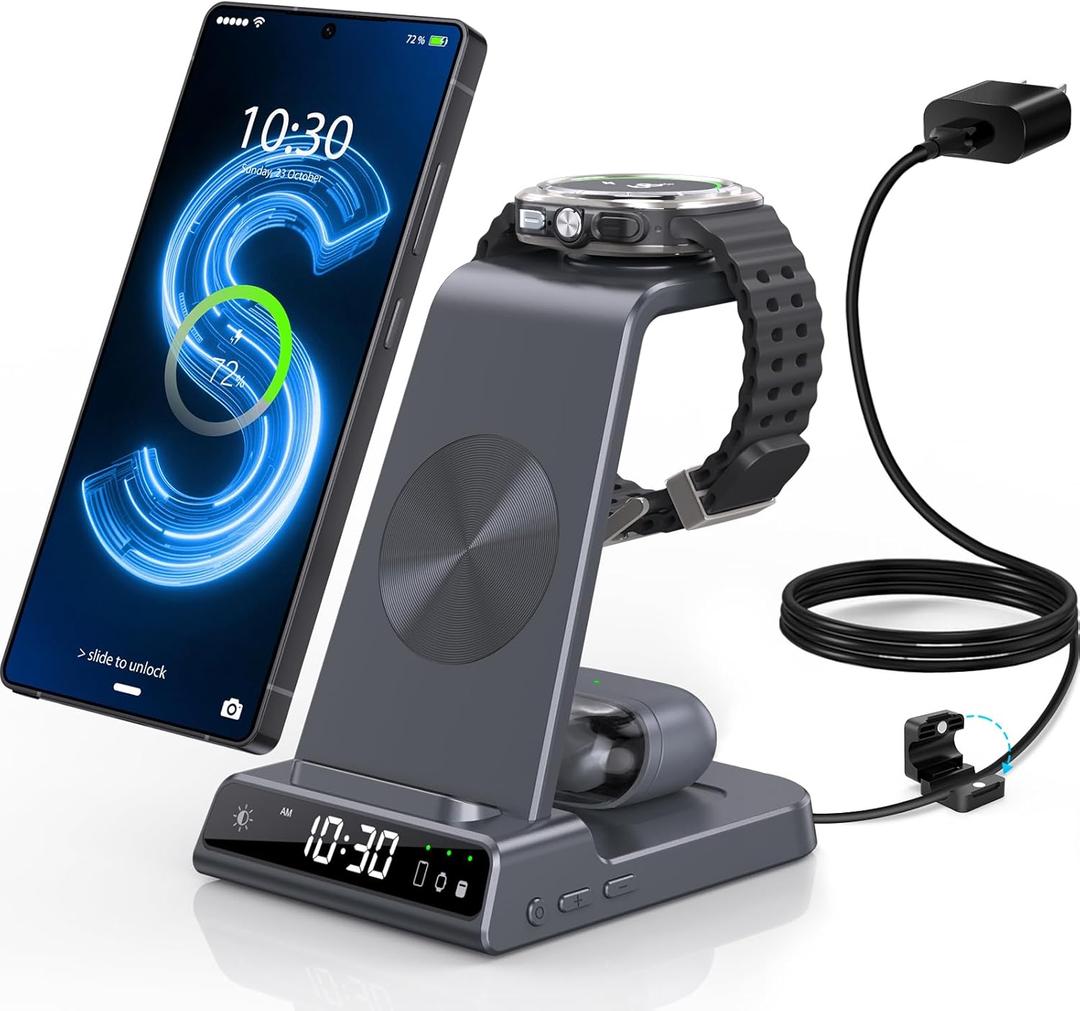 Wireless Charger for Samsung Charging Station with Clock for Samsung Galaxy S25 Ultra/S24/Z Flip 7/Z Fold 6/Bud, 3 in 1 Android Charging Station, Watch Charger for Samsung Galaxy Watch 8/7/6/5 (Grey)