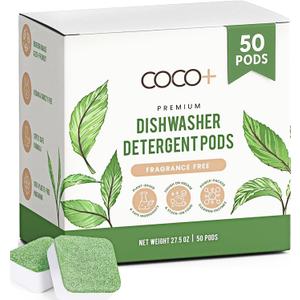 COCO+ Dishwasher Detergent Pods - Nano-Concentrated Enzymes Power with Rinse Aid & Hard Water Protection - Sparkling, Spotless Dishes - 50 Pods (Fragrance Free)