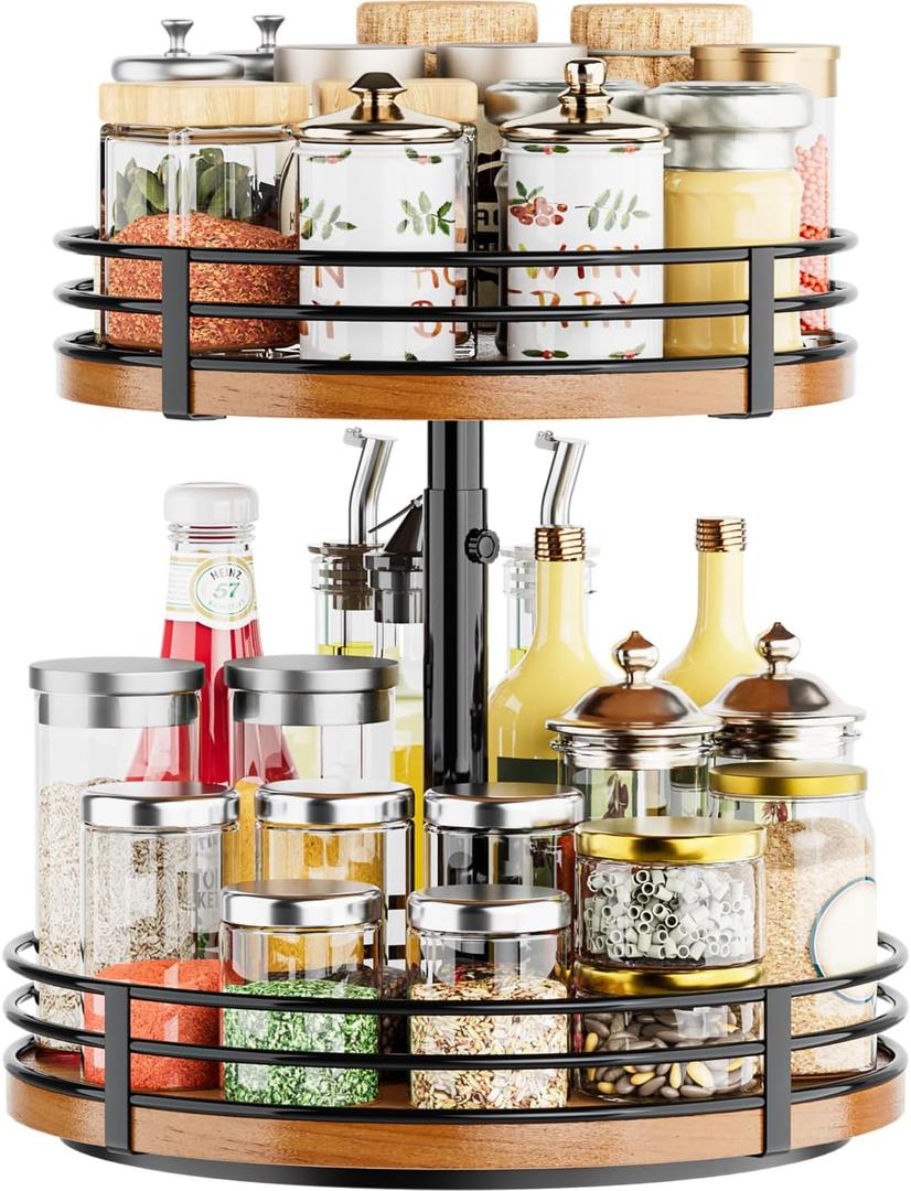 OVICAR Lazy Susan Turntable Organizer Adjustable - 2 Tier Wood Rotating Spice Rack 12 Inch Lazy Susan for Kitchen Countertop Cabinet Pantry Cupboard Dining Table Bathroom Coffee Bar Home Storage (2 Tiers)