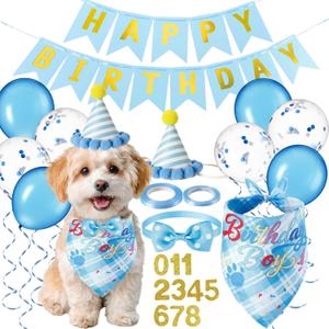 14 Pcs Blue Dog Birthday Party Supplies Dog Birthday Bandana Cute Set Hat Dogs Boy Birthdays Outfit with Numbers Banner Bow Tie Balloons for Small Medium Large Pet Dogs Decoration Party