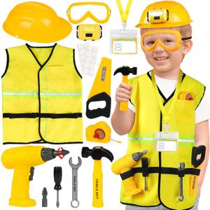 Construction Worker Costume for Kids, Toddler Dress Up Clothes with Kids Tool Set, Construction Vest & Hat, Helmet Light, Electric Drill, Toddler Costumes Pretend Play Toys for Boys Gift Age 4+