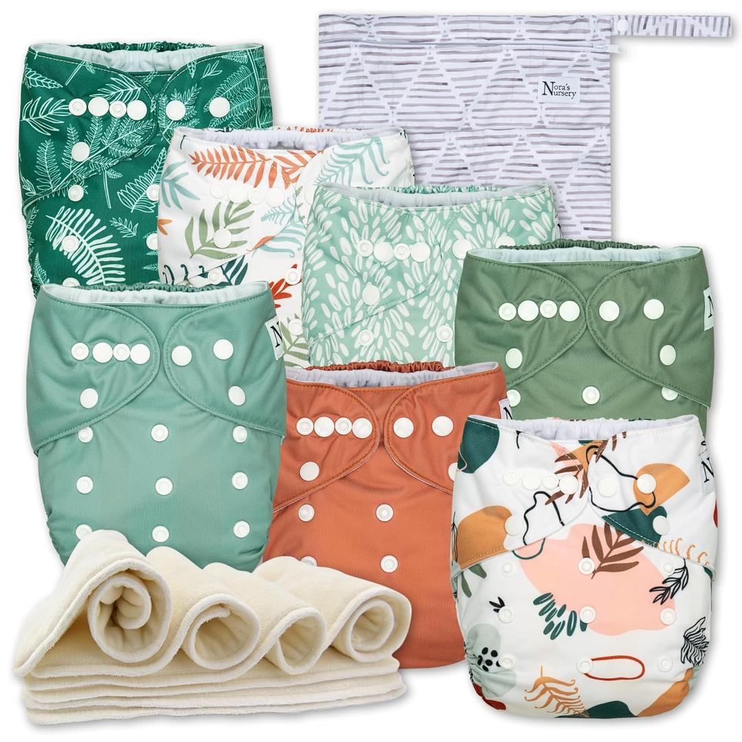 Nora's Nursery Cloth Diapers 7 Pack with 7 Inserts & 1 Wet Bag - Waterproof Cover, Washable, Reusable & One Size Adjustable Pocket Diapers for Newborns and Toddlers - Oasis