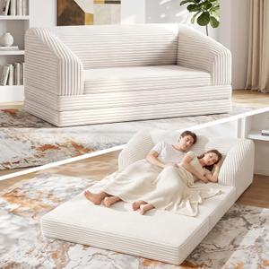 Convertible Sofa Bed, Boneless Loveseat Sleeper Folding Couch Bed with Backrest, 2 in 1 Bean Bag Chair to Floor Sofa Lounger, Comfy Fold Out Couch for Bedroom & Living Room, Beige