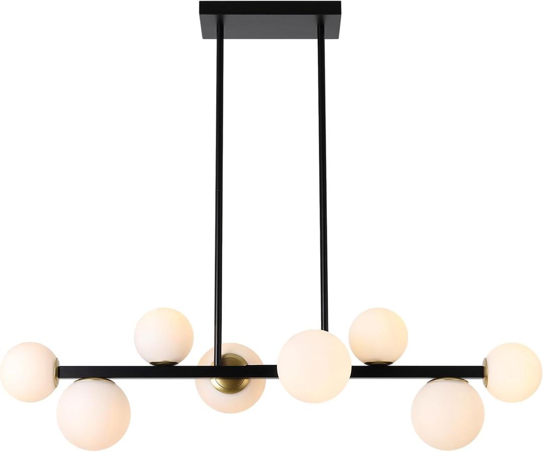 8 Lights Mid Century Modern Chandelier Black and Gold Linear Chandelier Dining Room Light Fixtures Over Table Clear Glass Globe Sputnik Chandelier for Living Room Kitchen Island