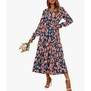 BTFBM Women Fall Dresses 2025 Casual Long Sleeve V Neck Maxi Dresses Floral Boho Long Dress Wedding Guest Dress M