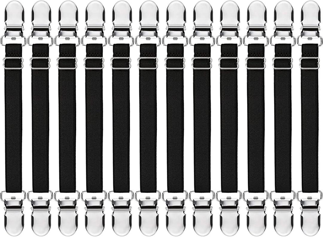 Boao 12 Pcs Bed Sheet Clips Straps Sheet Corner Straps Holder Adjustable Mattress Clips, Elastic Bed Grippers Suspender Fasteners Holder for Home(Black,4-8 Inch Length)