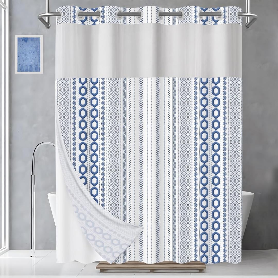 AXURXUI No Hook Shower Curtain with Snap in Liner and Sheer Window, Modern Hotel Style Shower Curtain Set for Bathroom Decor, Washable and Quick Install, Blue and White, 71 X 74 Inches